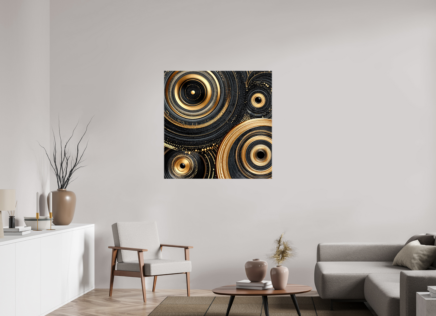 40 x 40″, Glossy Canvas Gold & Black Circles