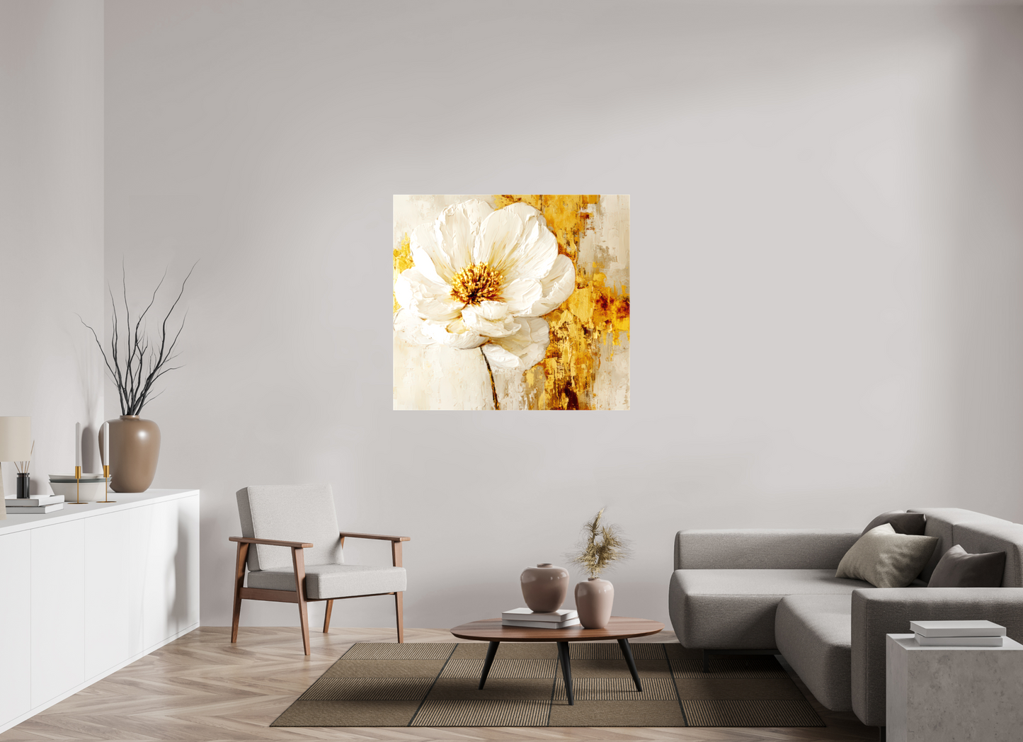 47.2 x 43″, Glossy Canvas White and Gold Flower 3