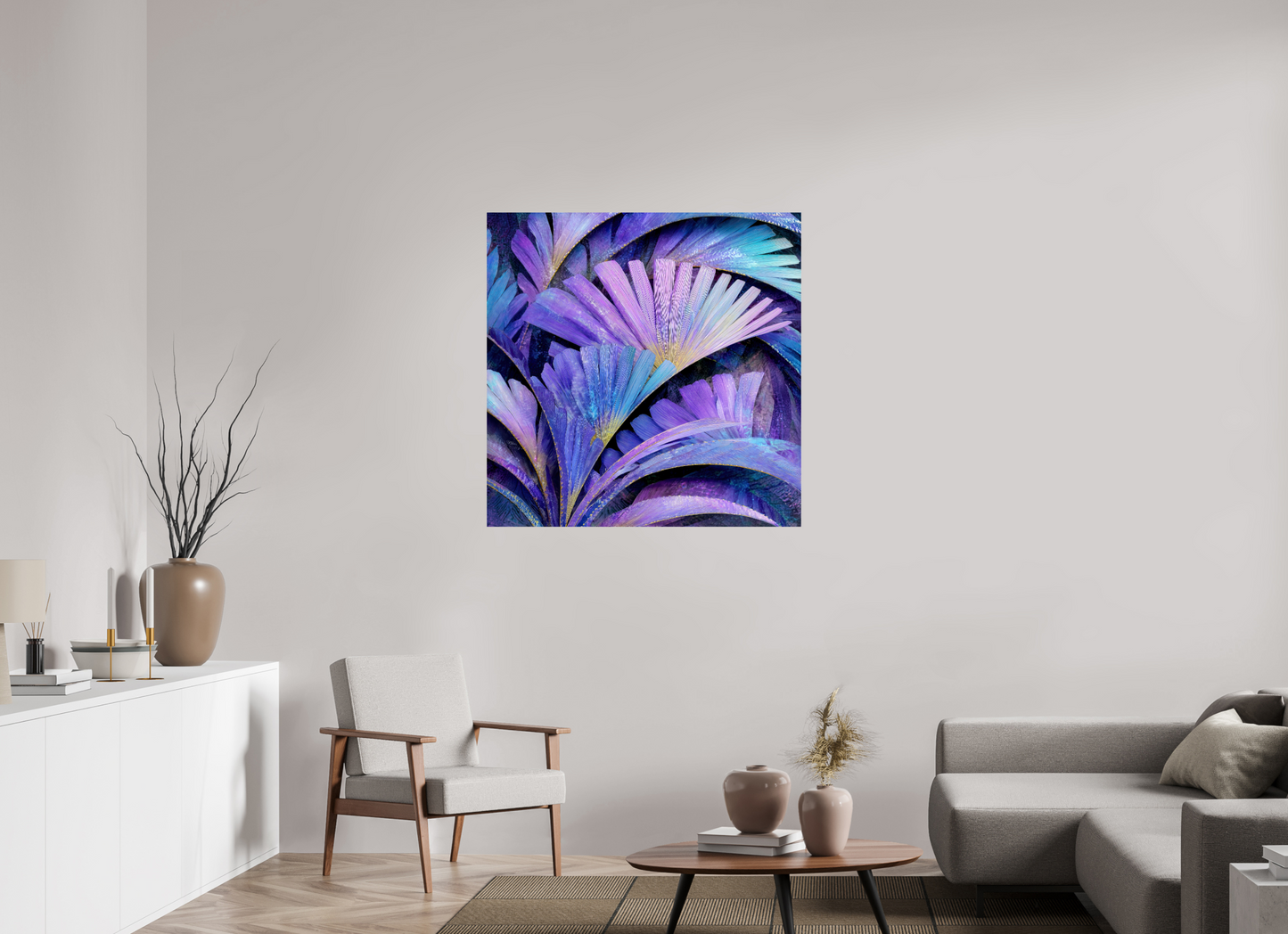 40 x 40″, Fine Art Print On Aluminum Dibond Art Deco Purple Flowers