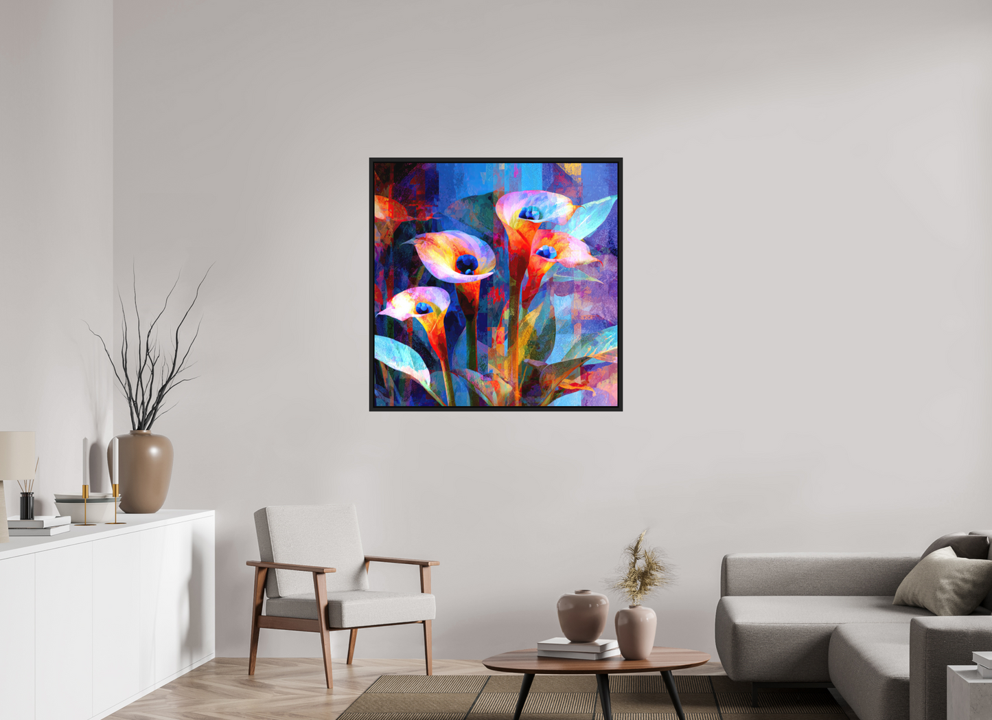 40 x 40″, Photo Print on Aluminum Backing with boarder Abstract Calla Lily Flowers