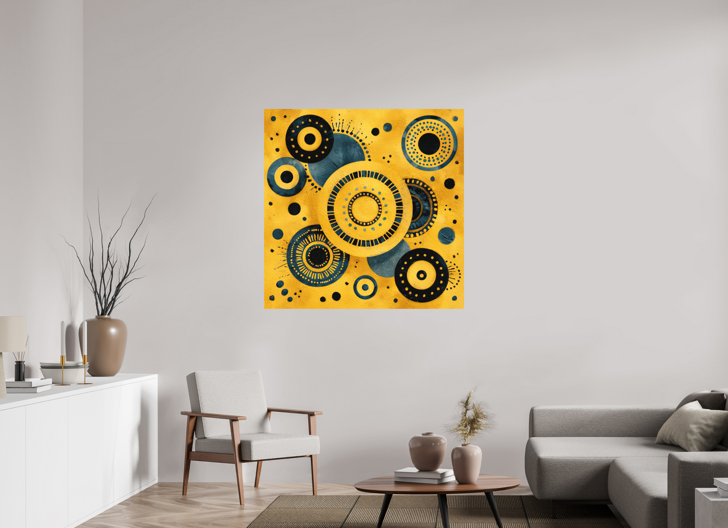 45 x 45″, Photo Print on Aluminum Backing Yellow & Blue