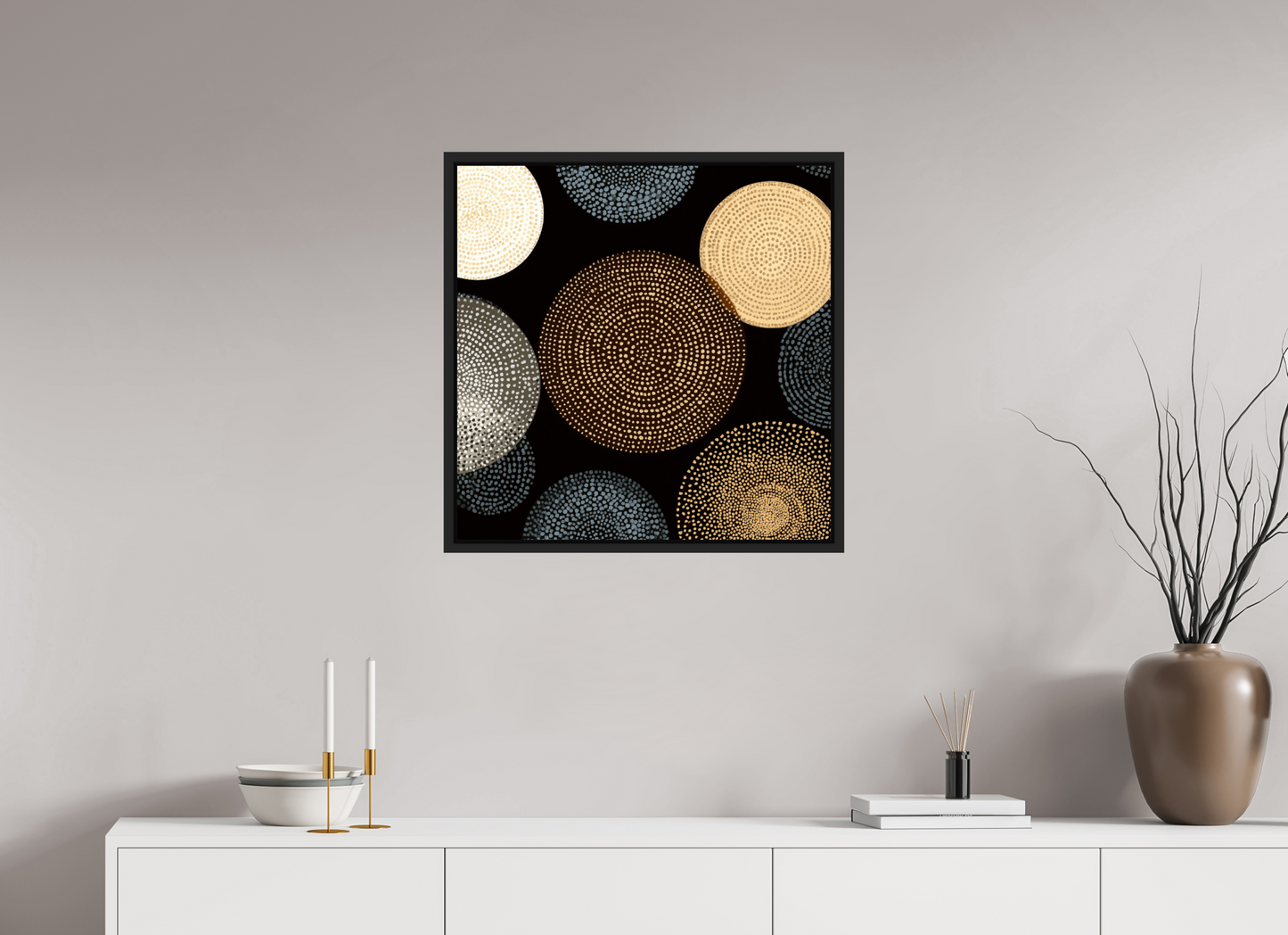 25 x 25″, Fine Art Print on Aluminum Dibond with Boarder Dot Circles