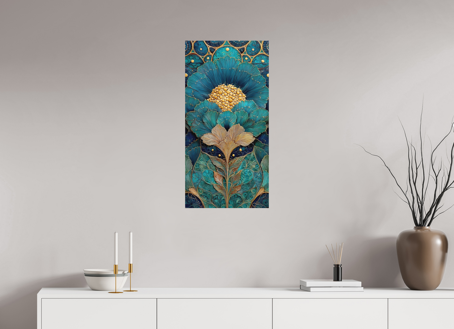 16 x 32″, Photo Print on Aluminum Backing Art Deco Teal Flower 1