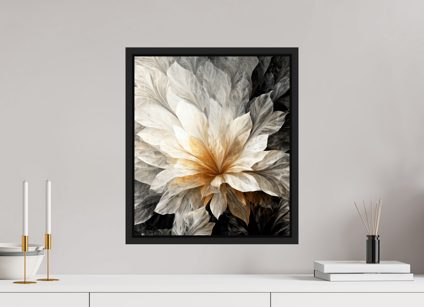 16 x 18.5″, Fine Art Print on Aluminum Dibond with Boarder White & Gold Flower 1