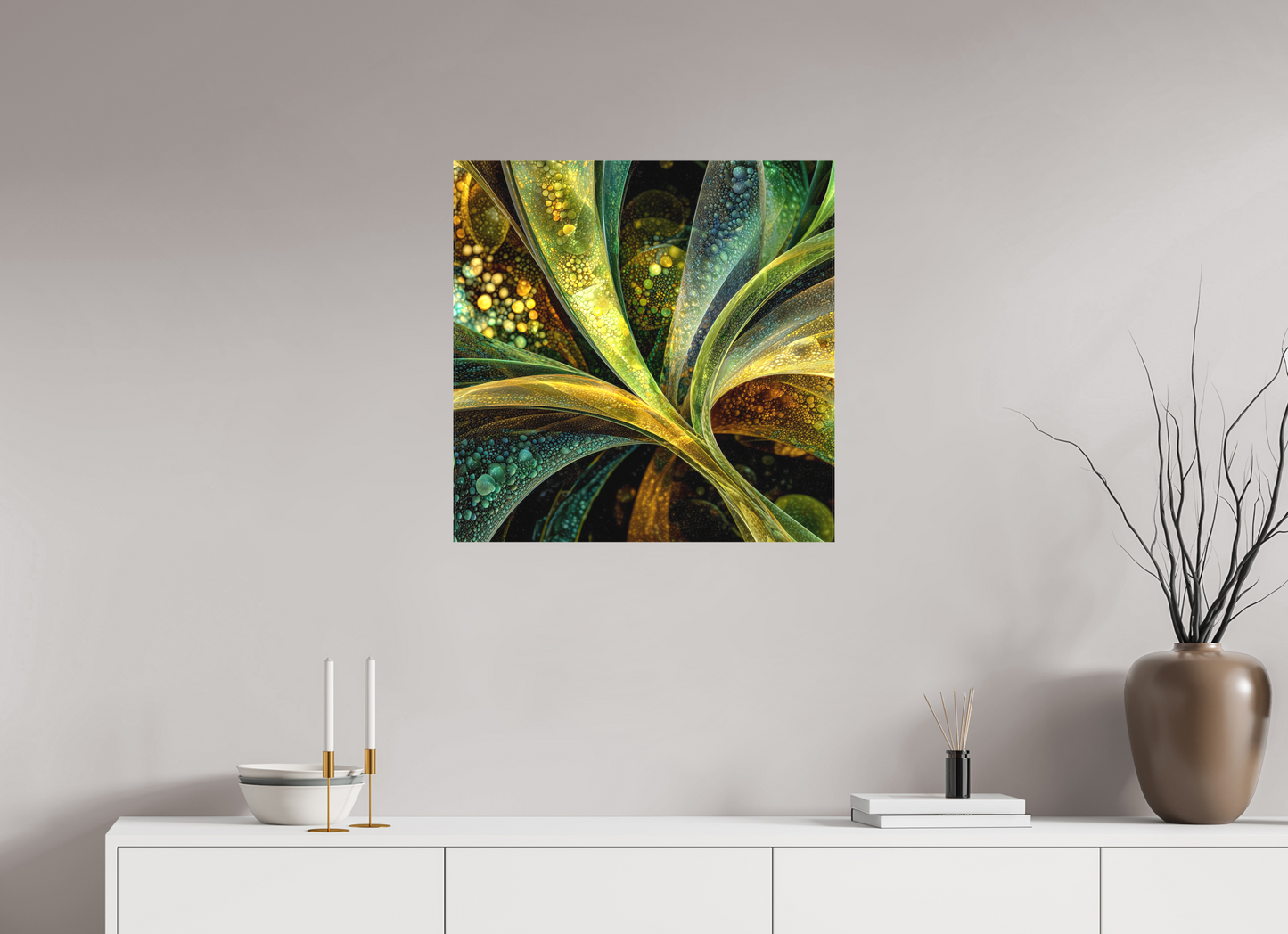 25 x 25″, Textile on Canvas Algae