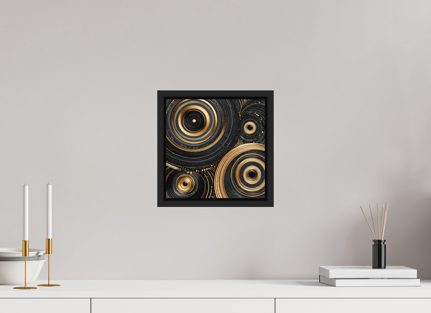 10 x 10″, Photo Print on Aluminum Backing with boarder Gold & Black Circles
