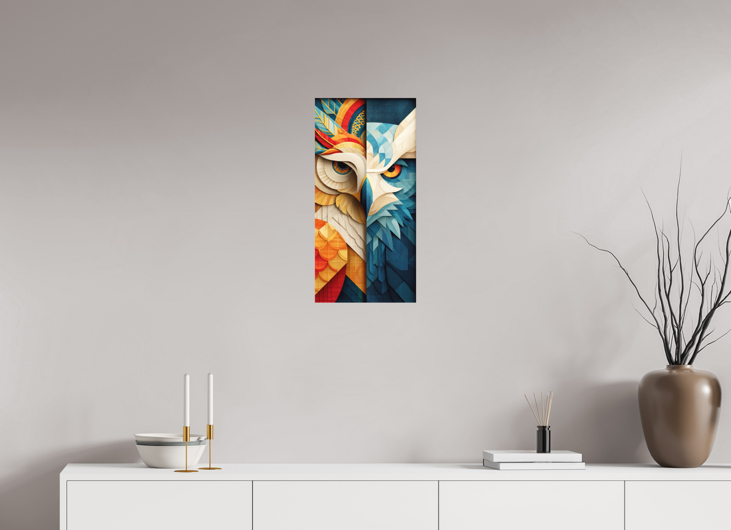 12 x 24.3″, Photo Print on Aluminum Backing Abstract Warm & Cold Owl