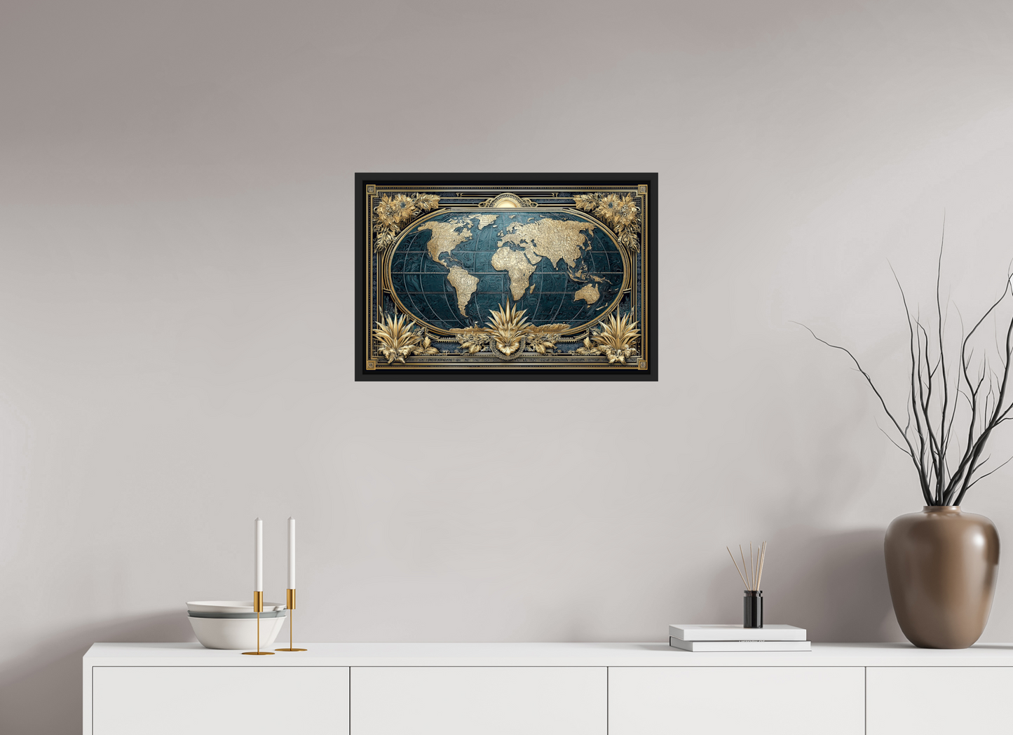 24 x 16″, Fine Art Print on Aluminum Dibond with Boarder Art Deco World Map