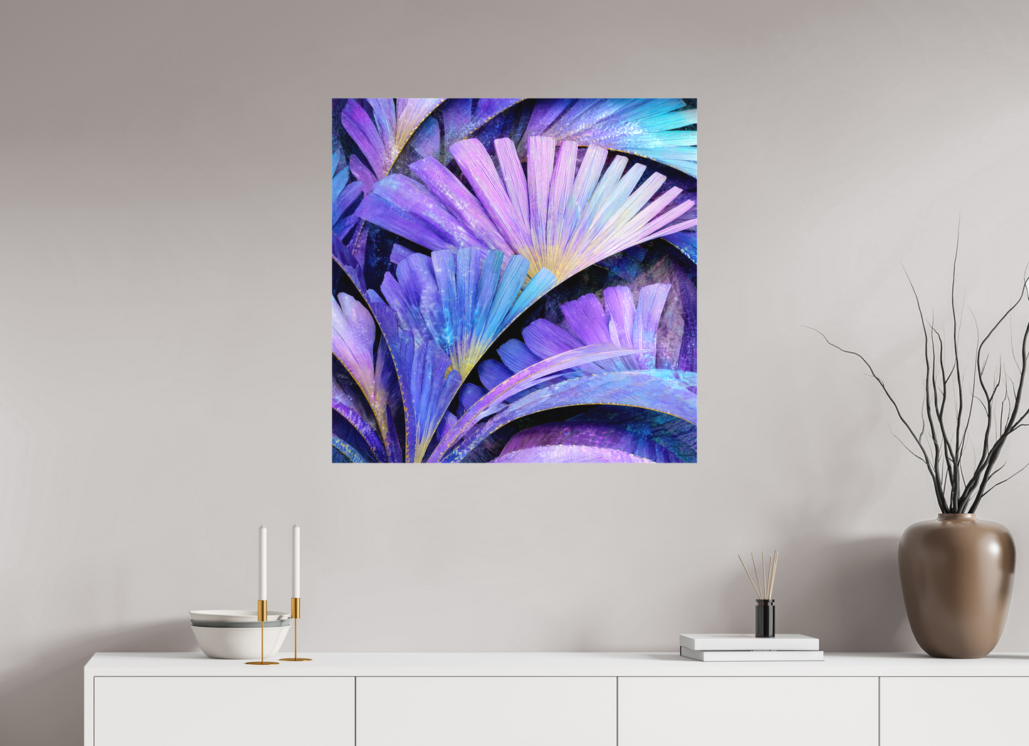 30 x 30″, Textile on Canvas Art Deco Purple Flowers