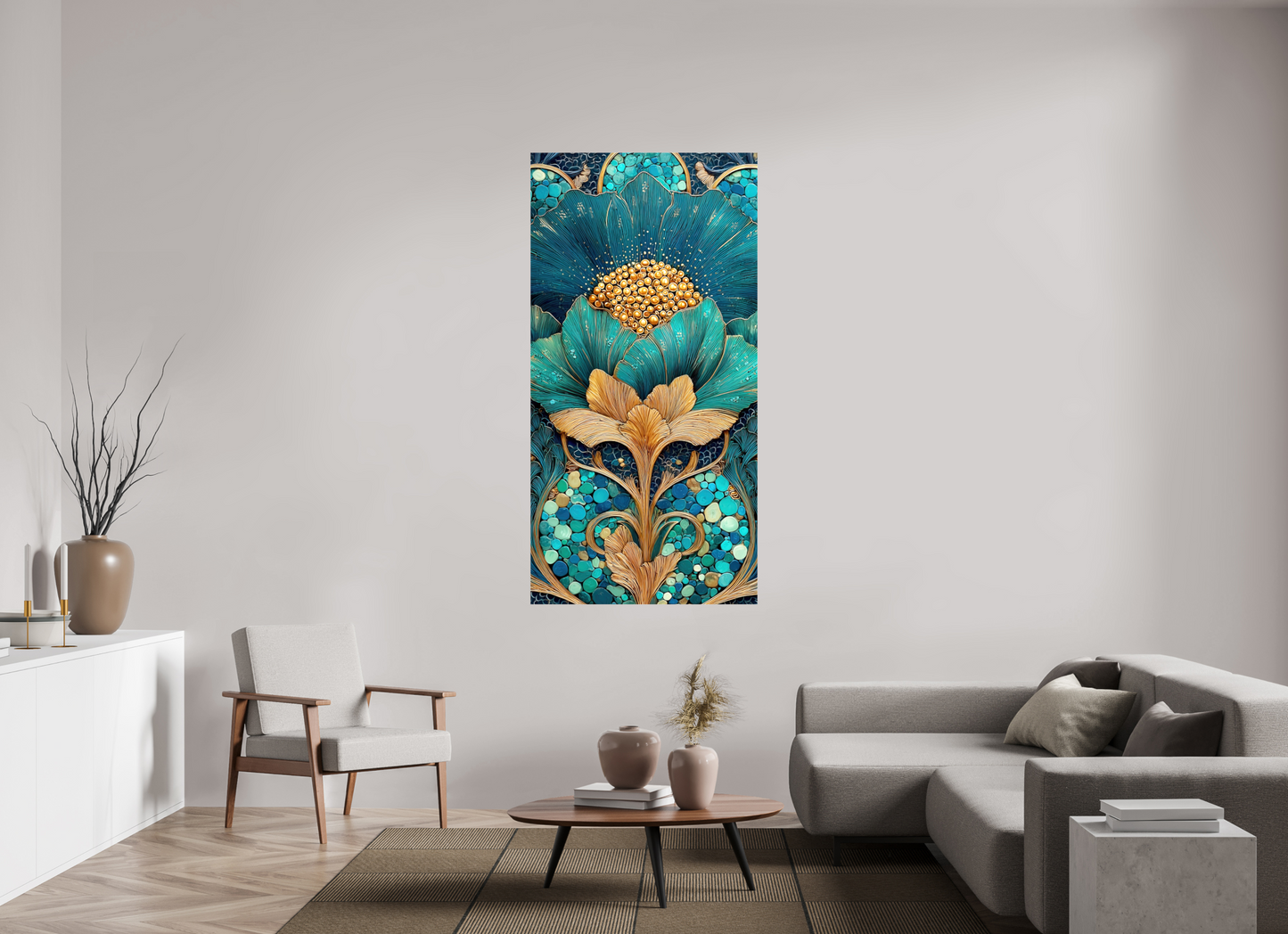 35 x 70″, Glossy Canvas Art Deco Teal Flower 2
