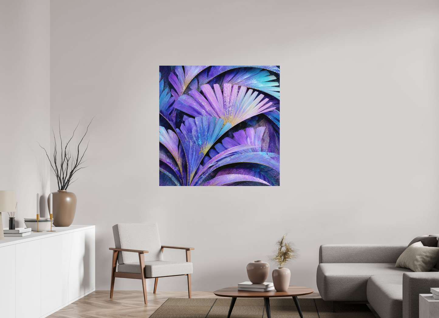 45 x 45″, Photo Print on Aluminum Backing Art Deco Purple Flowers