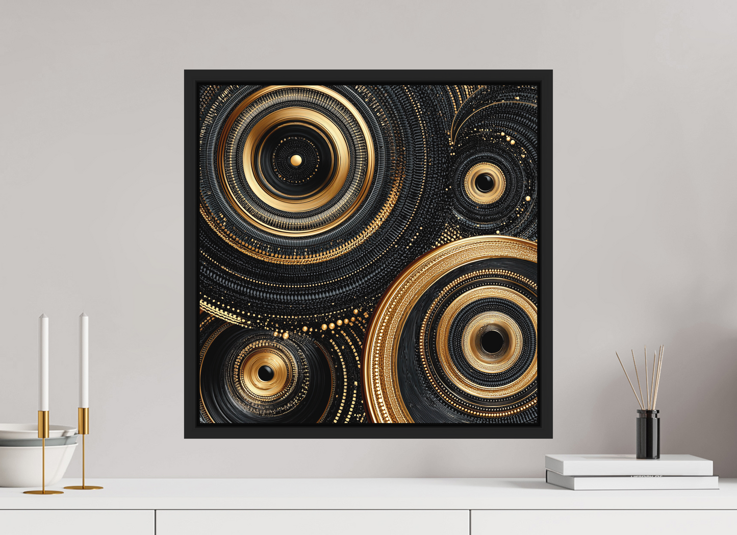 20 x 20″, Photo Print on Aluminum Backing with boarder Gold & Black Circles