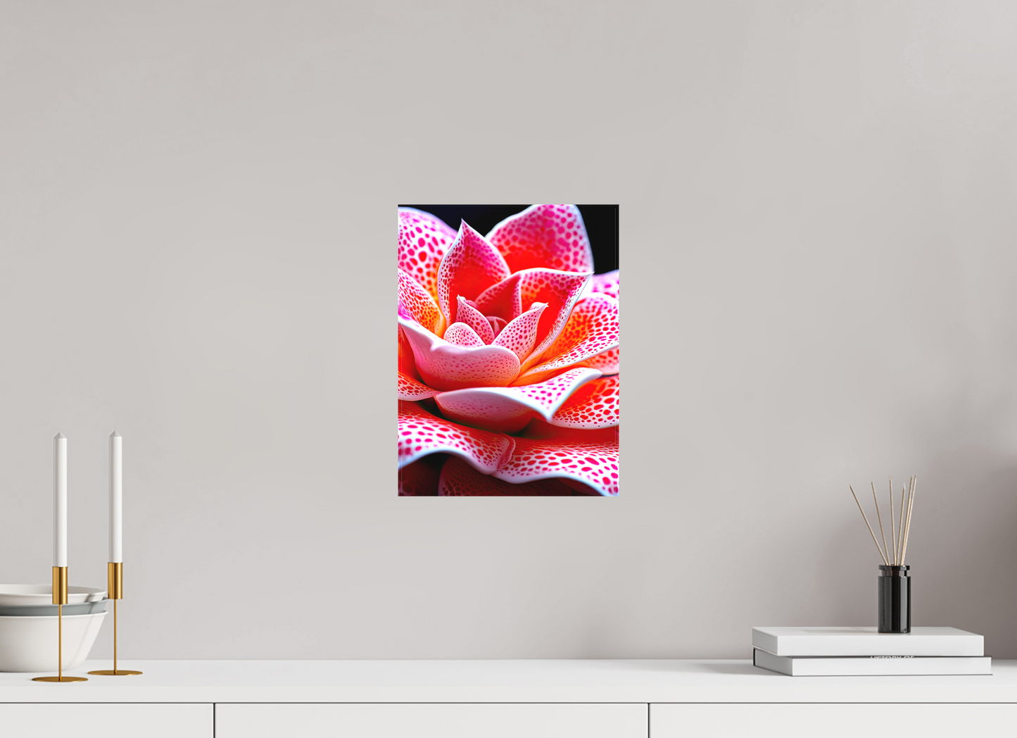 9 x 12″, Textile on Canvas Red Dot Flower