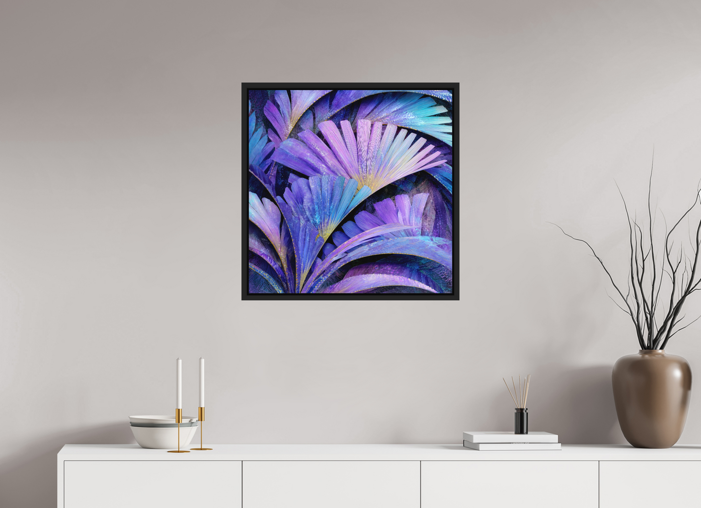 25 x 25″, Photo Print on Aluminum Backing with boarder Art Deco Purple Flowers