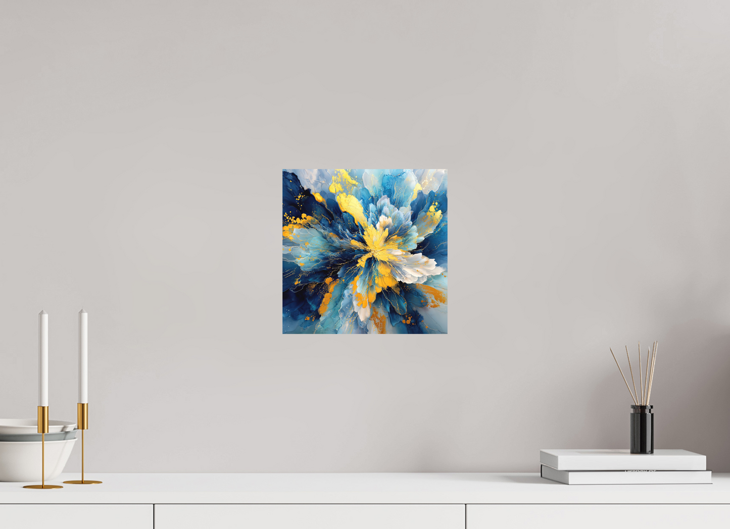10 x 10″, Photo Print on Aluminum Backing Abstract Blue & Gold Flower