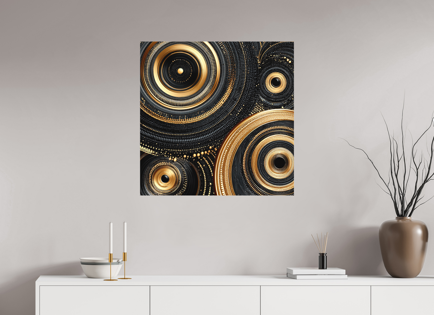 30 x 30″, Textile on Canvas Gold & Black Circles