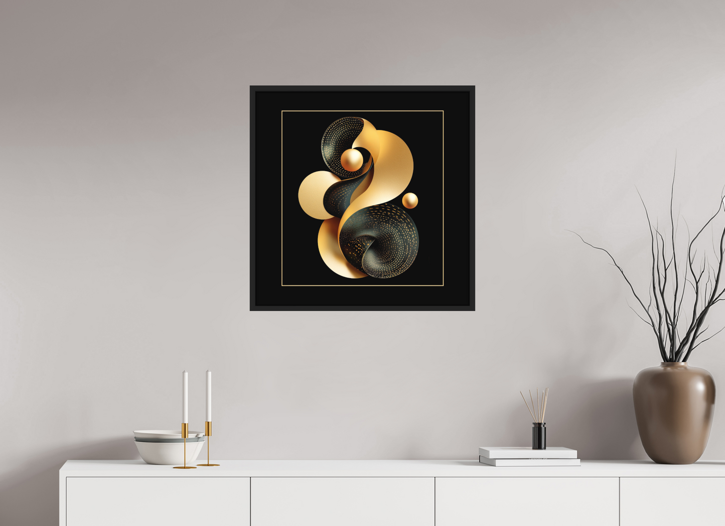 25 x 25″, Photo Print on Aluminum Backing with boarder Abstract Black & Gold