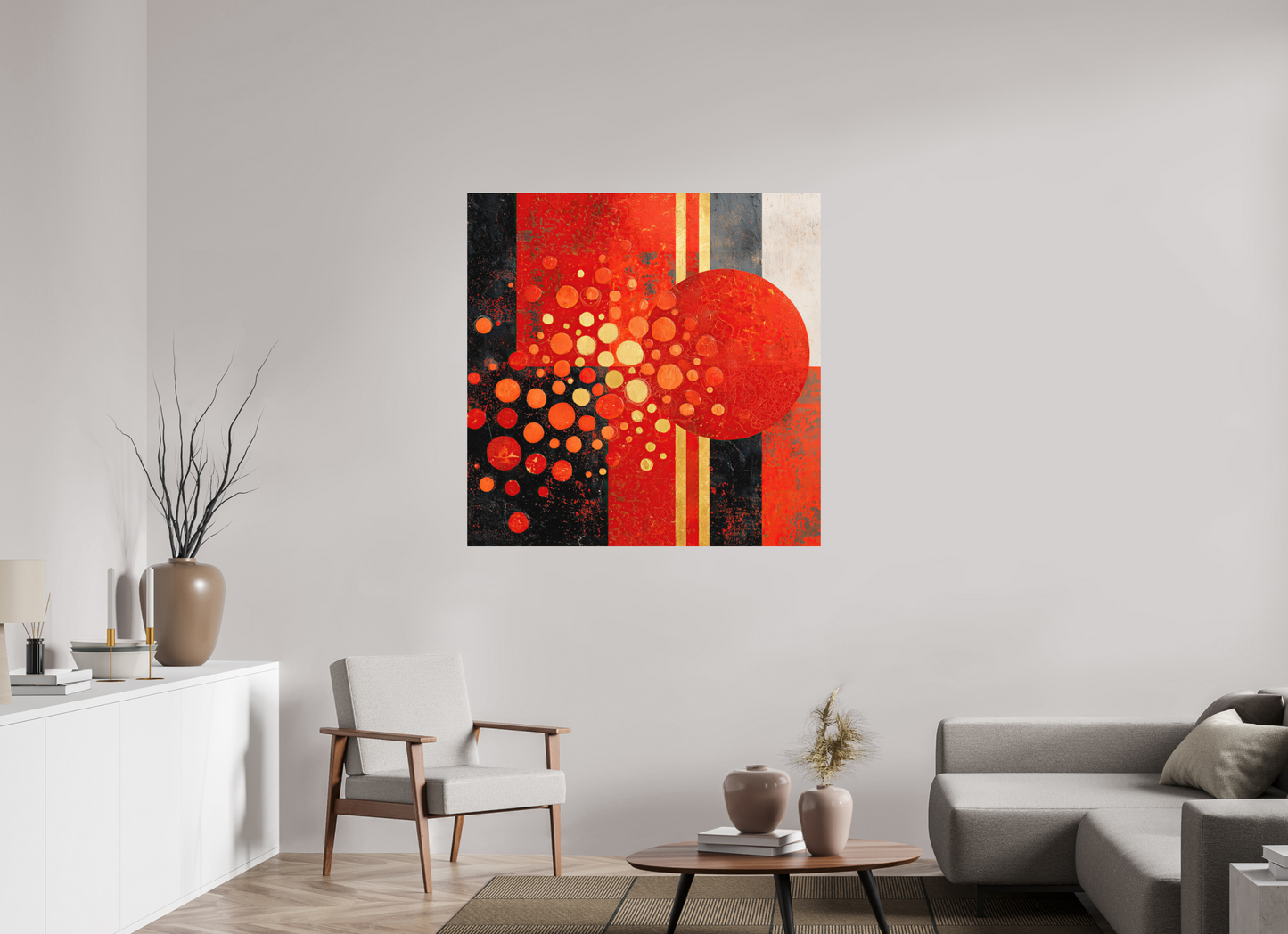 45 x 45″, Photo Print on Aluminum Backing Abstract Red Dots