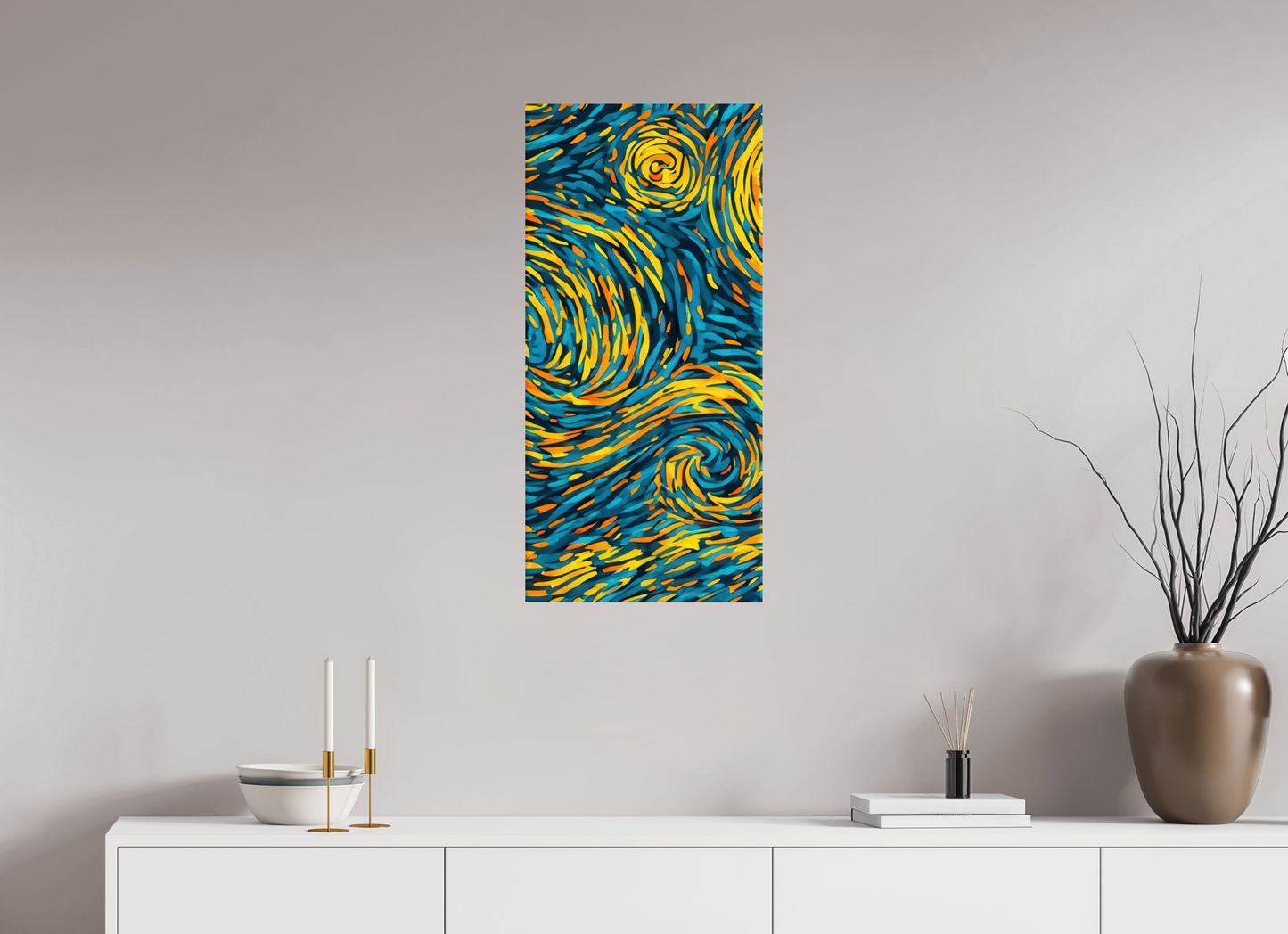 16 x 33.6″, Fine Art Print On Aluminum Dibond Abstract Blue & Yellow Swirls