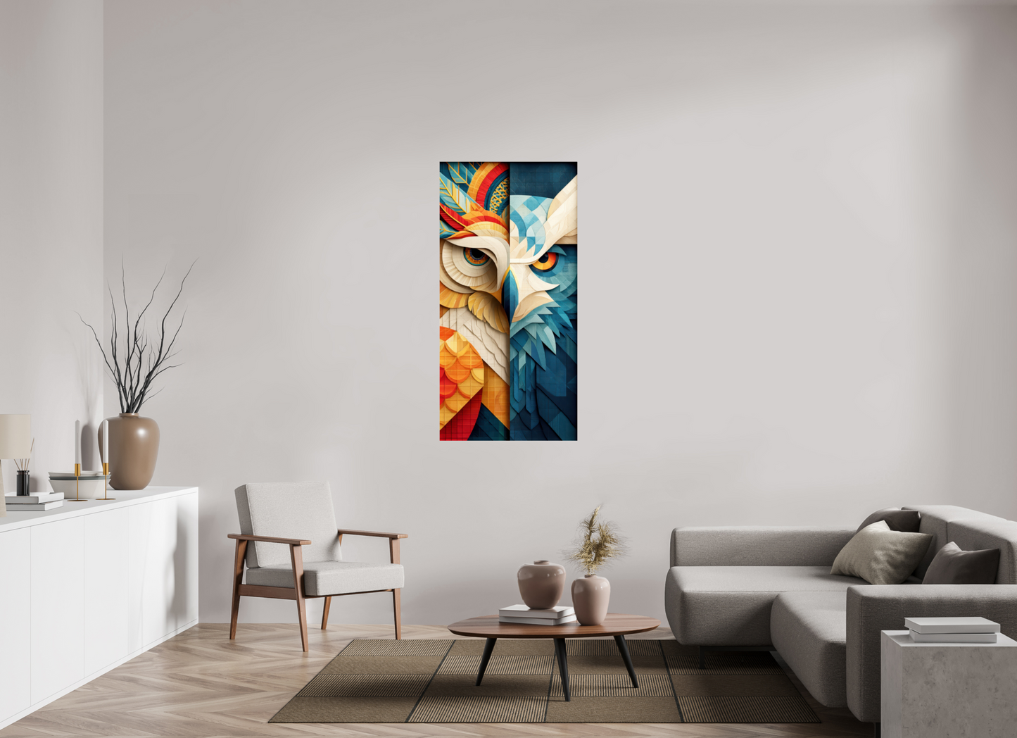 28 x 56.7″, Fine Art Print On Aluminum Dibond Abstract Warm & Cold Owl