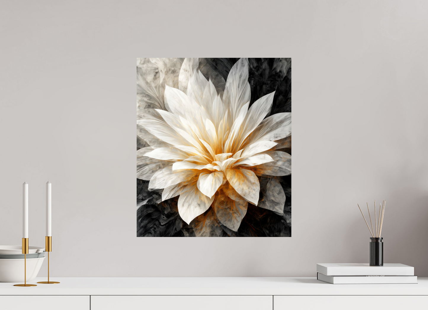 16 x 18.5″, Fine Art Print On Aluminum Dibond White & Gold Flower 2
