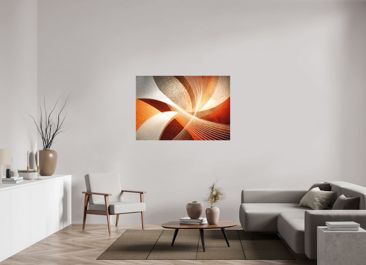52.7 x 36″, Textile on Canvas Orange & White Swirl