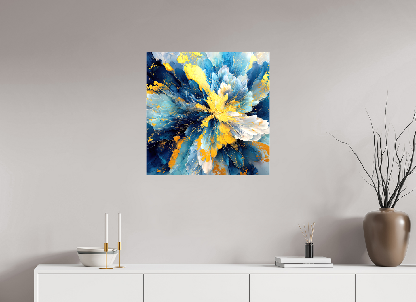 25 x 25″, Glossy Canvas Abstract Blue & Gold Flower