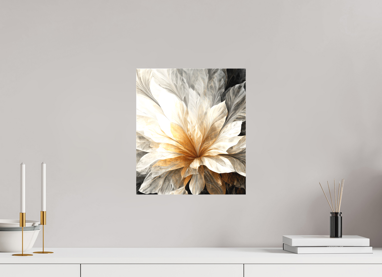 12 x 13.9″, Textile on Canvas White & Gold Flower 1