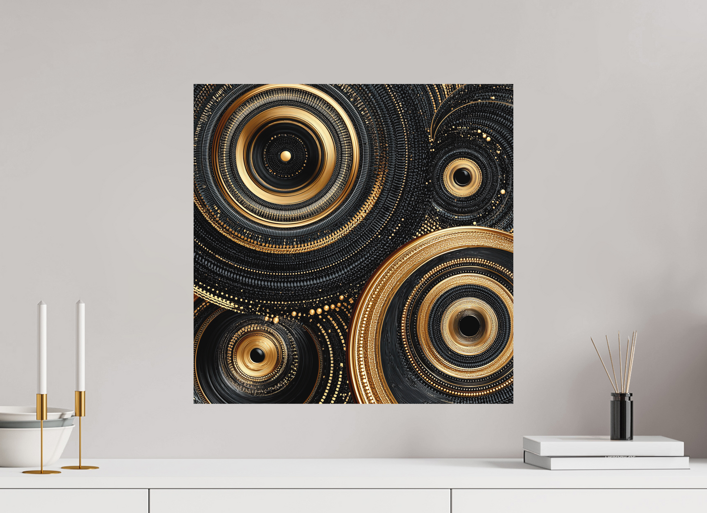 20 x 20″, Photo Print on Aluminum Backing Gold & Black Circles