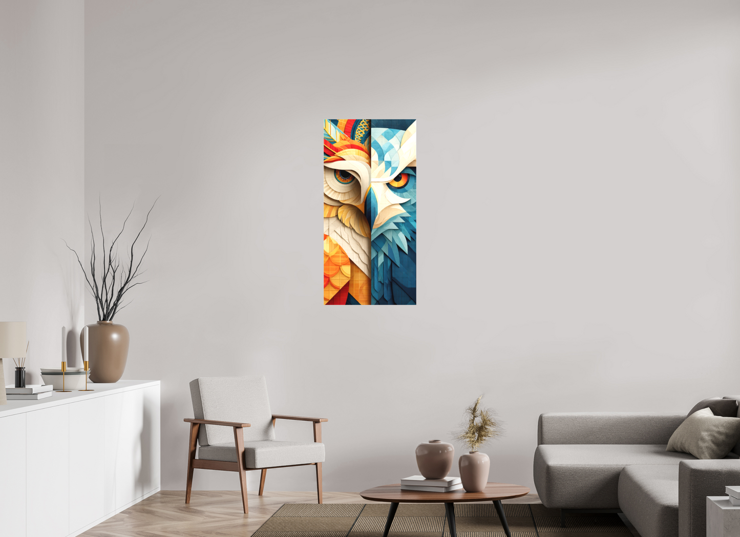 20 x 40.5″, Textile on Canvas Abstract Warm & Cold Owl