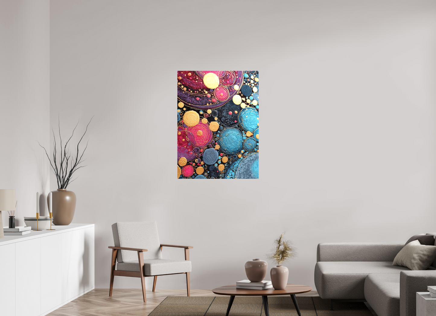 30 x 40″, Textile on Canvas Abstract Circles