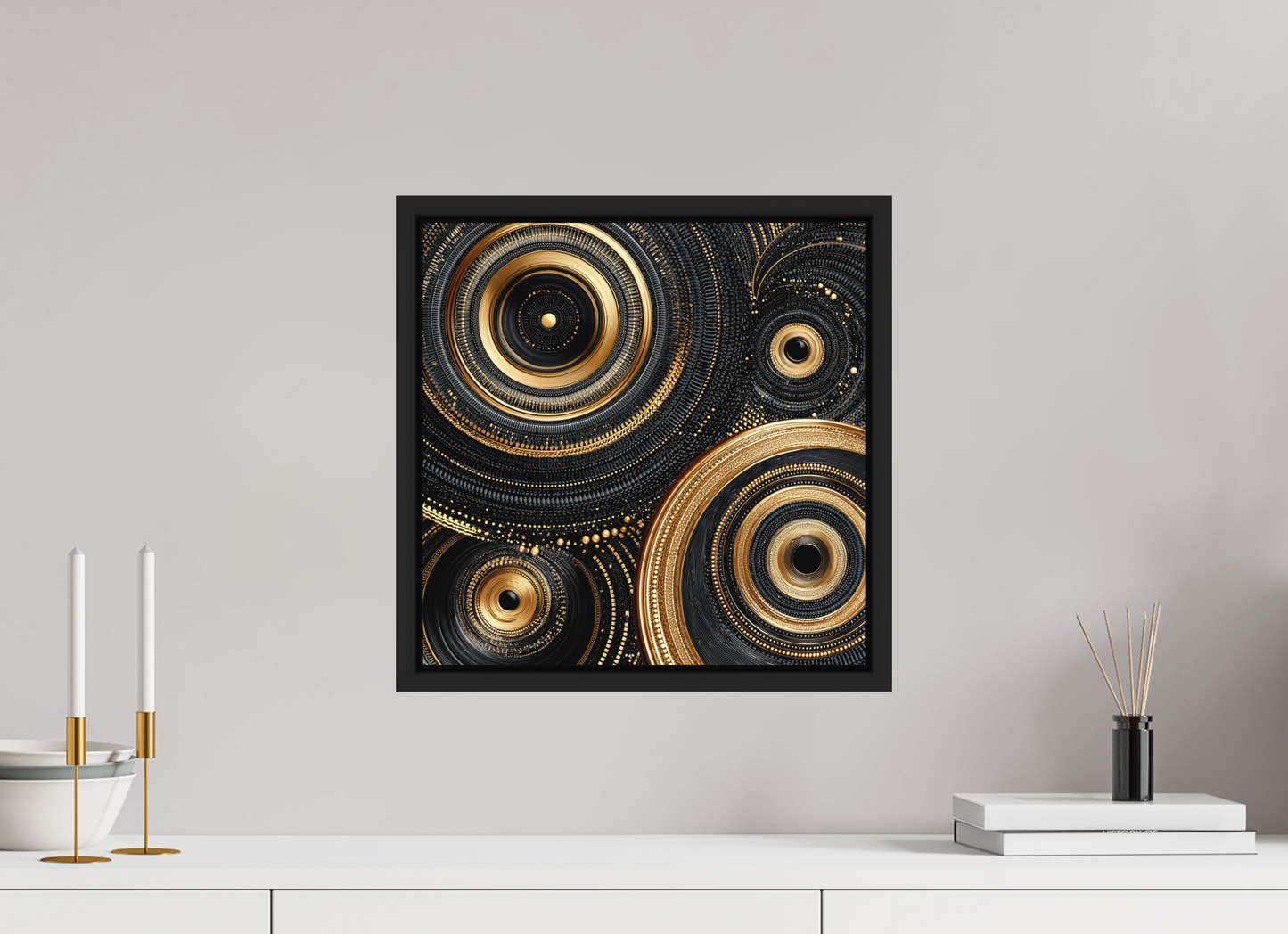 15 x 15″, Photo Print on Aluminum Backing with boarder Gold & Black Circles