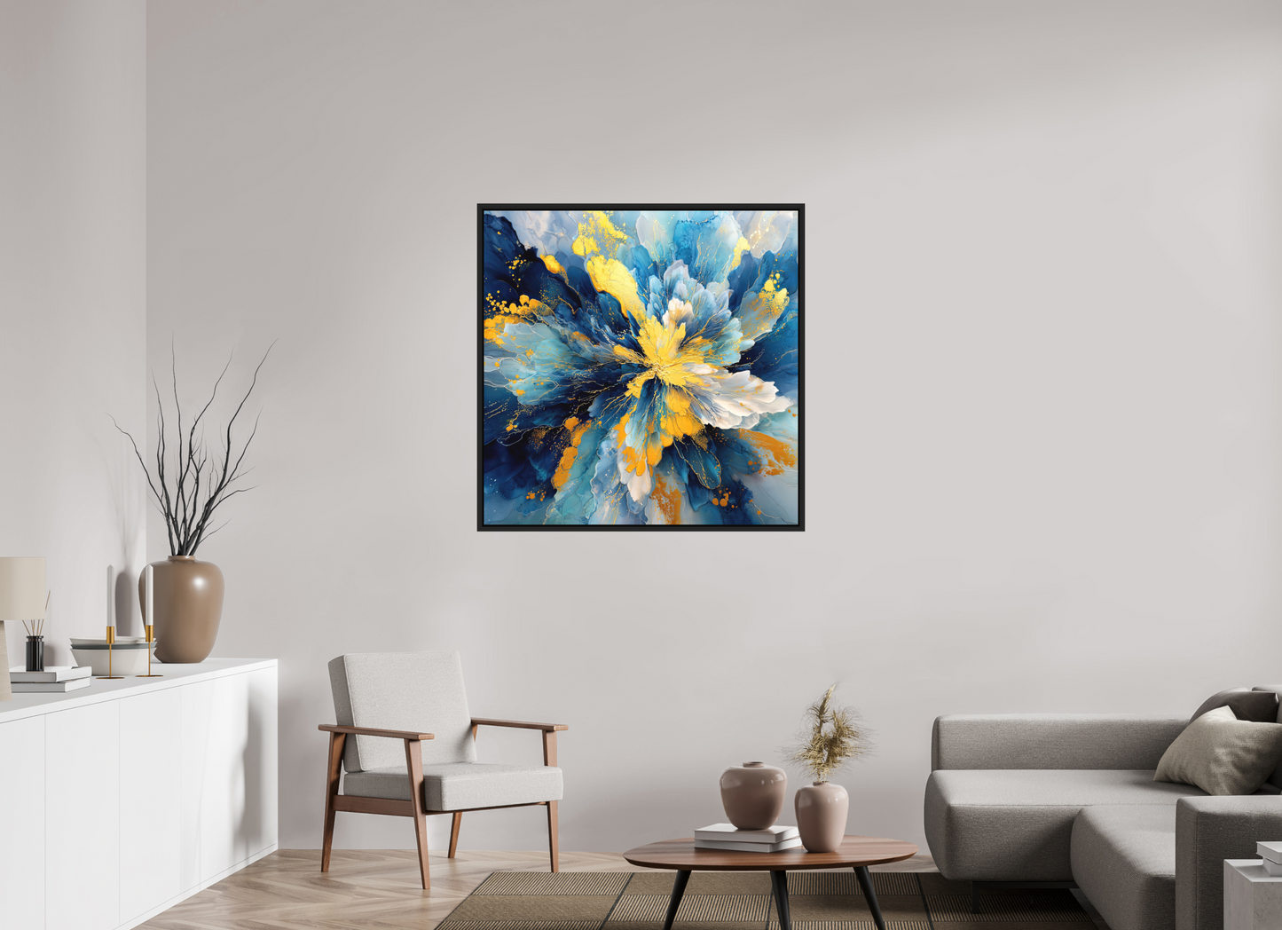 40 x 40″, Photo Print on Aluminum Backing with boarder Abstract Blue & Gold Flower