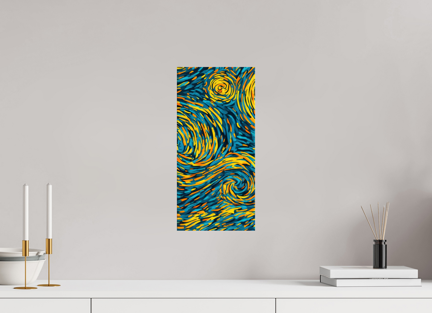8 x 16.8″, Fine Art Print On Aluminum Dibond Abstract Blue & Yellow Swirls