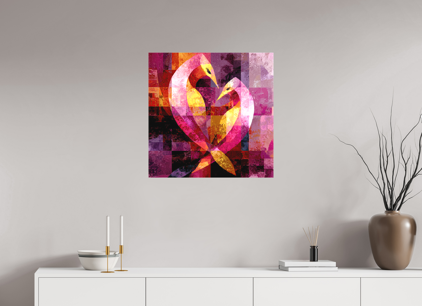 25 x 25″, Textile on Canvas Love Birds