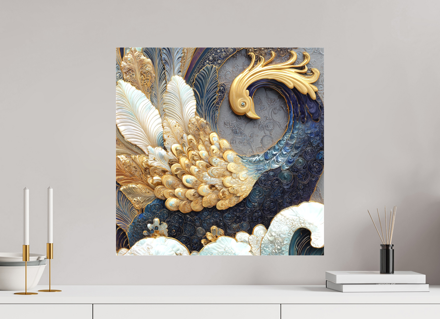 20 x 20″, Textile on Canvas Swan 2