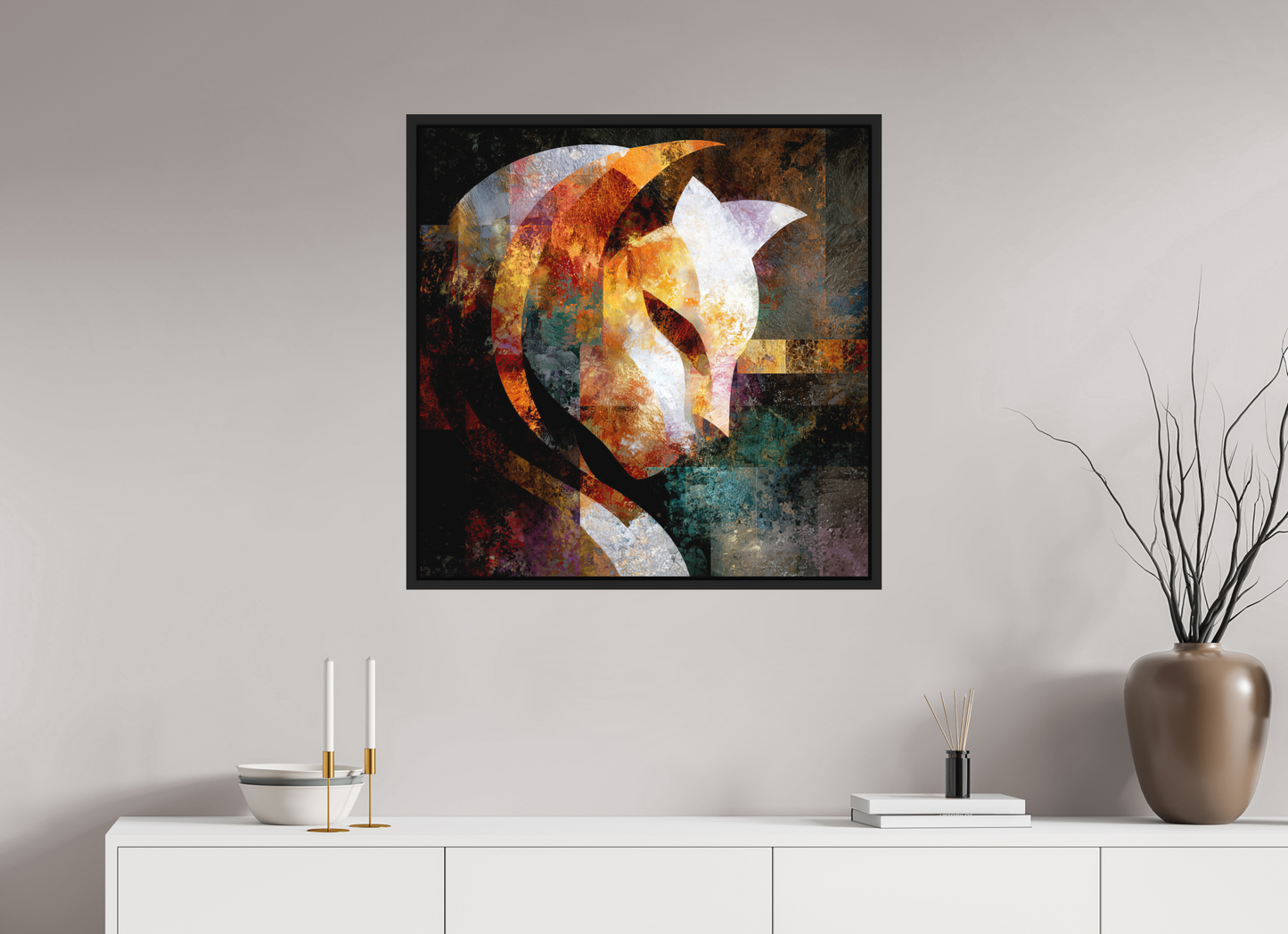 30 x 30″, Photo Print on Aluminum Backing with boarder Abstract Cat