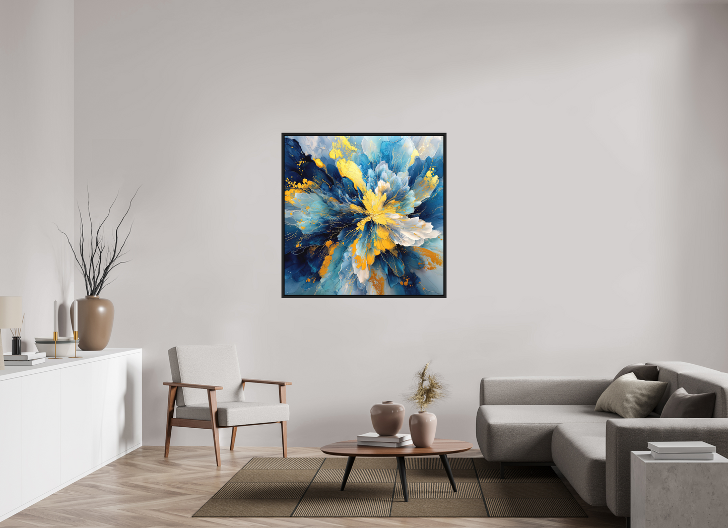 45 x 45″, Photo Print on Aluminum Backing with boarder Abstract Blue & Gold Flower