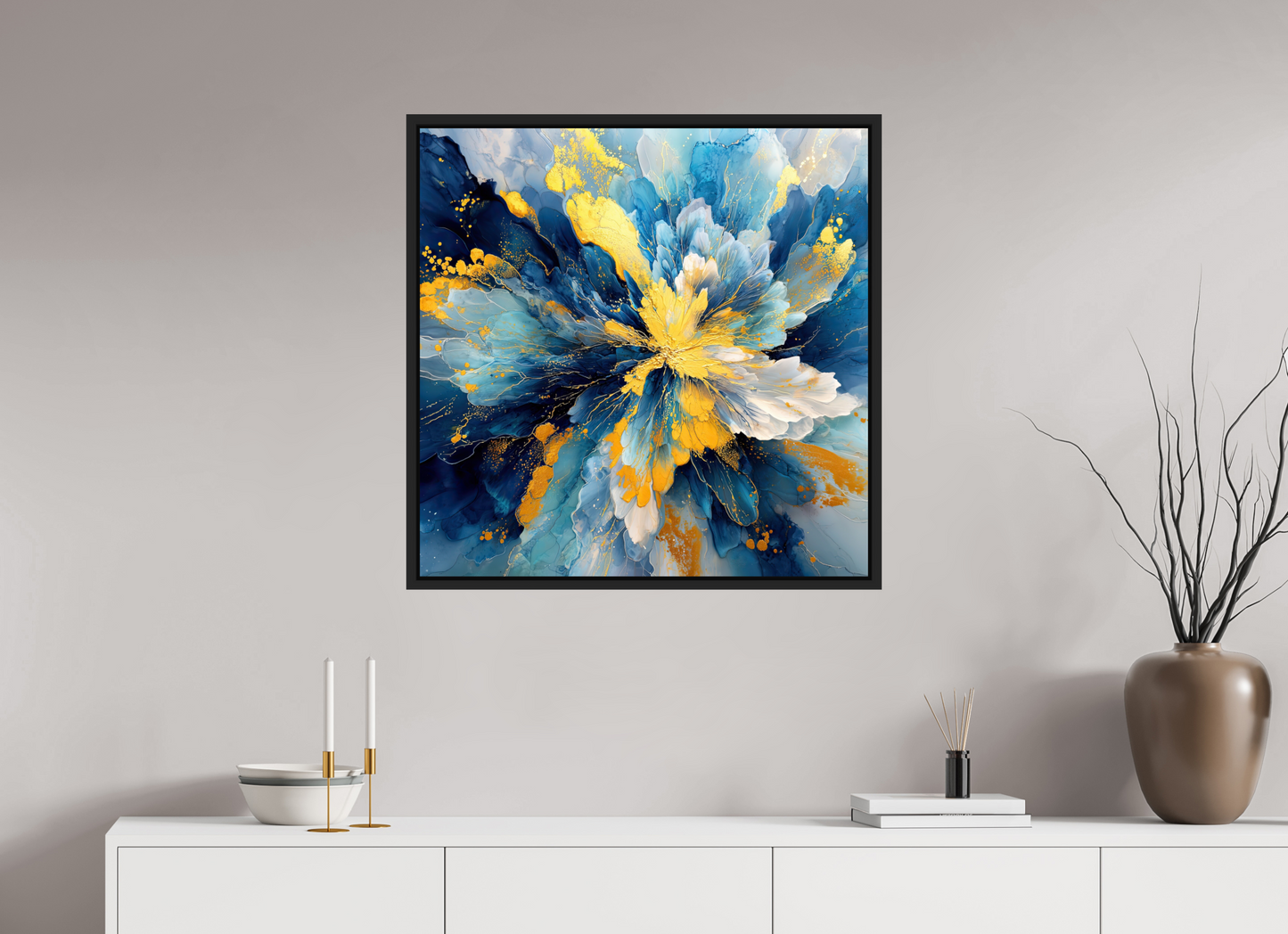 30 x 30″, Fine Art Print on Aluminum Dibond with Boarder Abstract Blue & Gold Flower