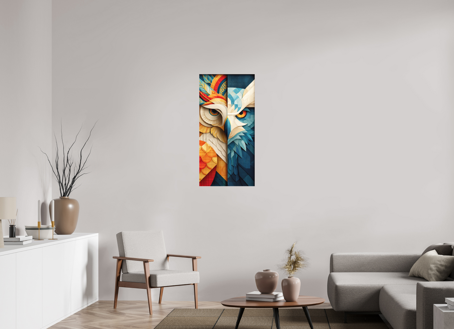 20 x 40.5″, Photo Print on Aluminum Backing Abstract Warm & Cold Owl