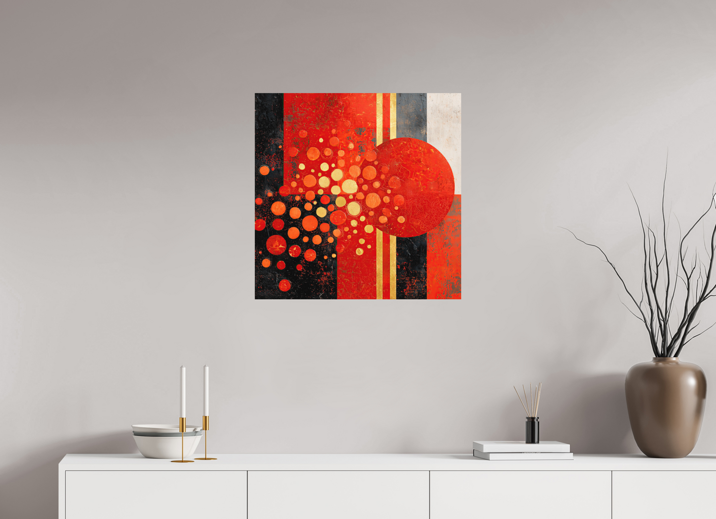 25 x 25″, Photo Print on Aluminum Backing Abstract Red Dots