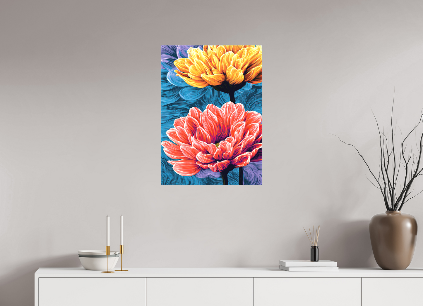 20 x 28″, Textile on Canvas Warm Flowers