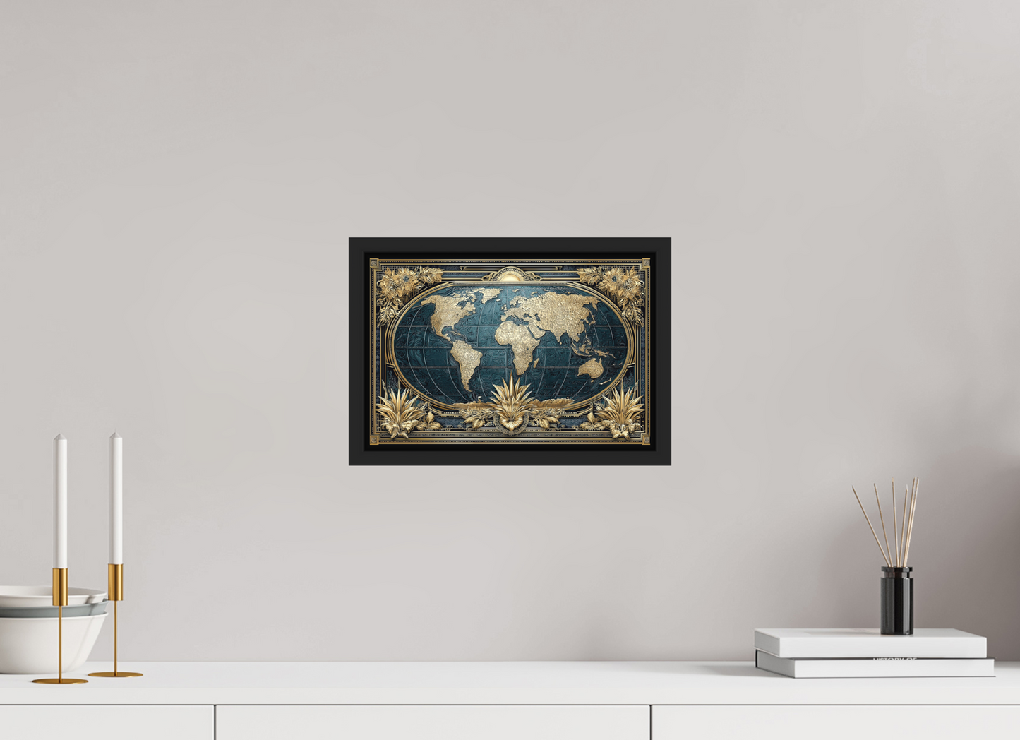 12 x 8″, Photo Print on Aluminum Backing with boarder Art Deco World Map