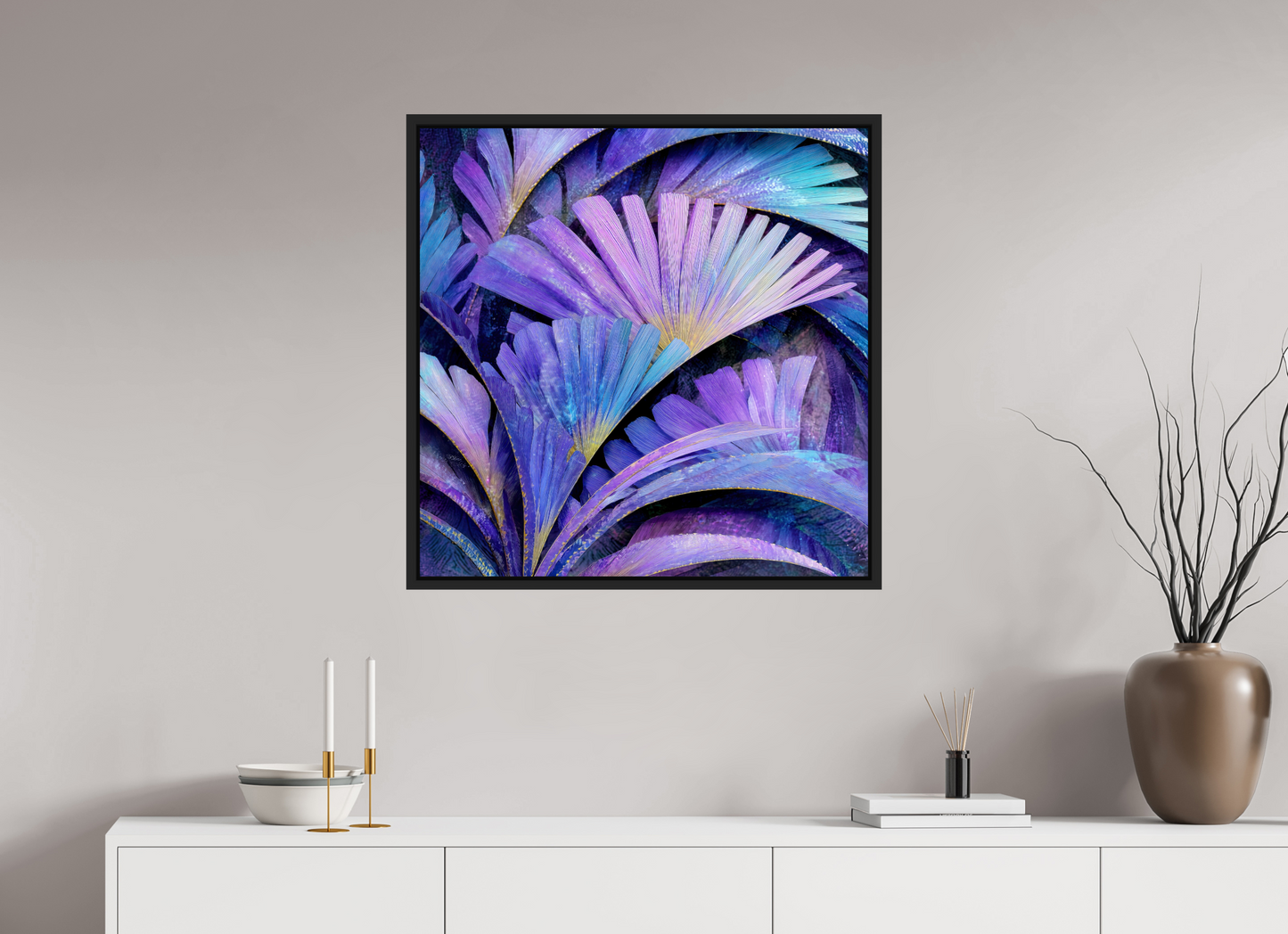 30 x 30″, Fine Art Print on Aluminum Dibond with Boarder Art Deco Purple Flowers