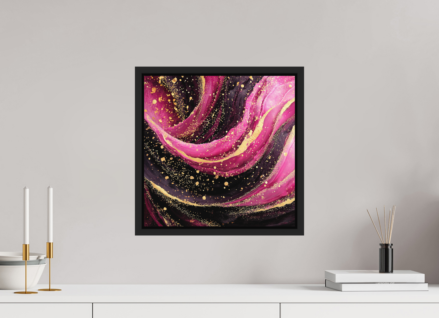 15 x 15″, Photo Print on Aluminum Backing with boarder Pink & Gold