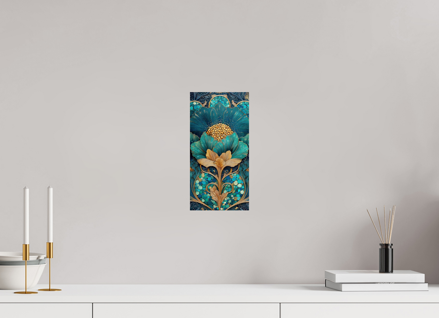 6 x 12″, Fine Art Print On Aluminum Dibond Art Deco Teal Flower 2