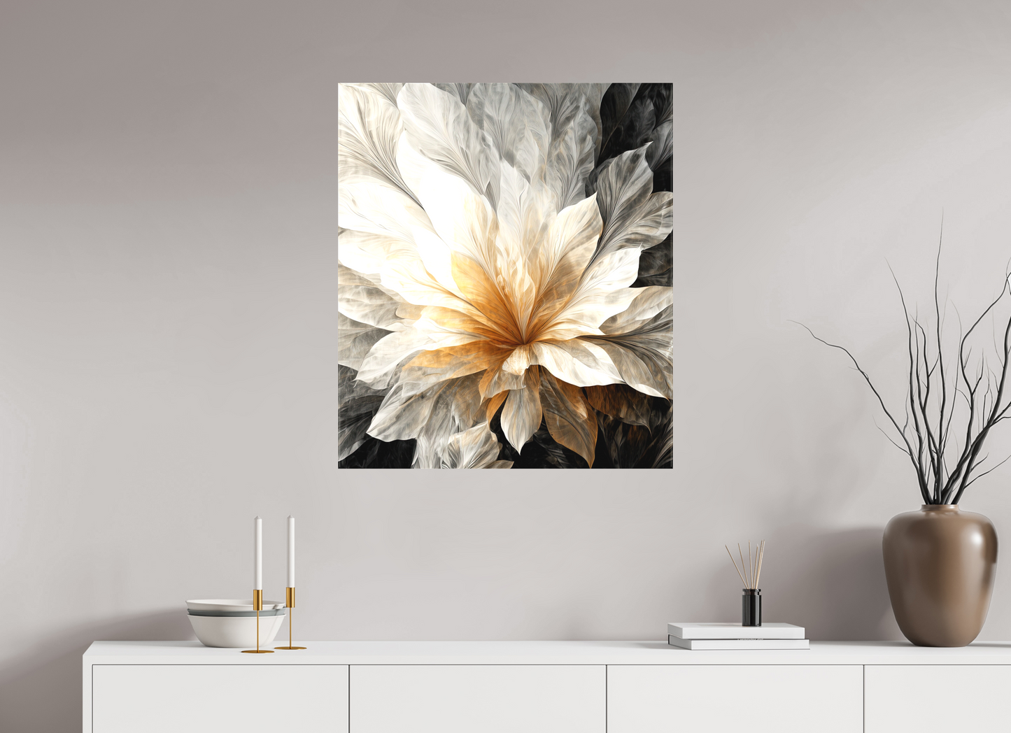 28 x 32.3″, Textile on Canvas White & Gold Flower 1