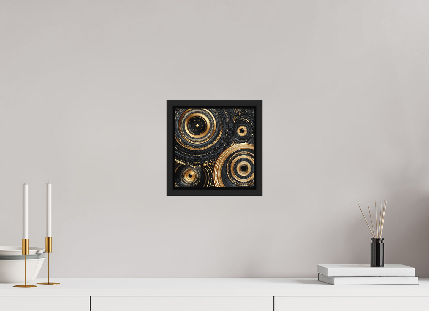 8 x 8″, Photo Print on Aluminum Backing with boarder Gold & Black Circles
