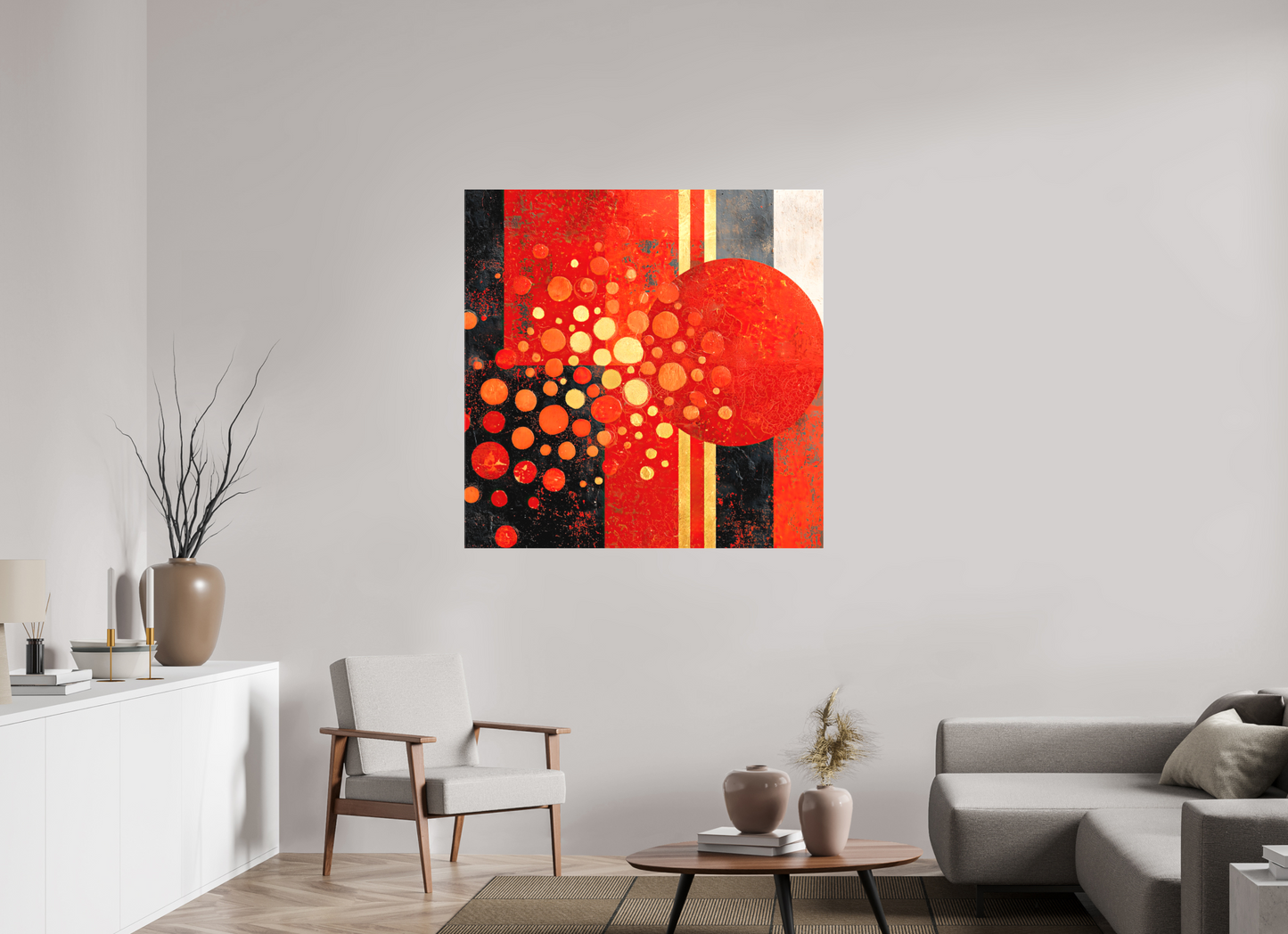 45 x 45″, Textile on Canvas Abstract Red Dots