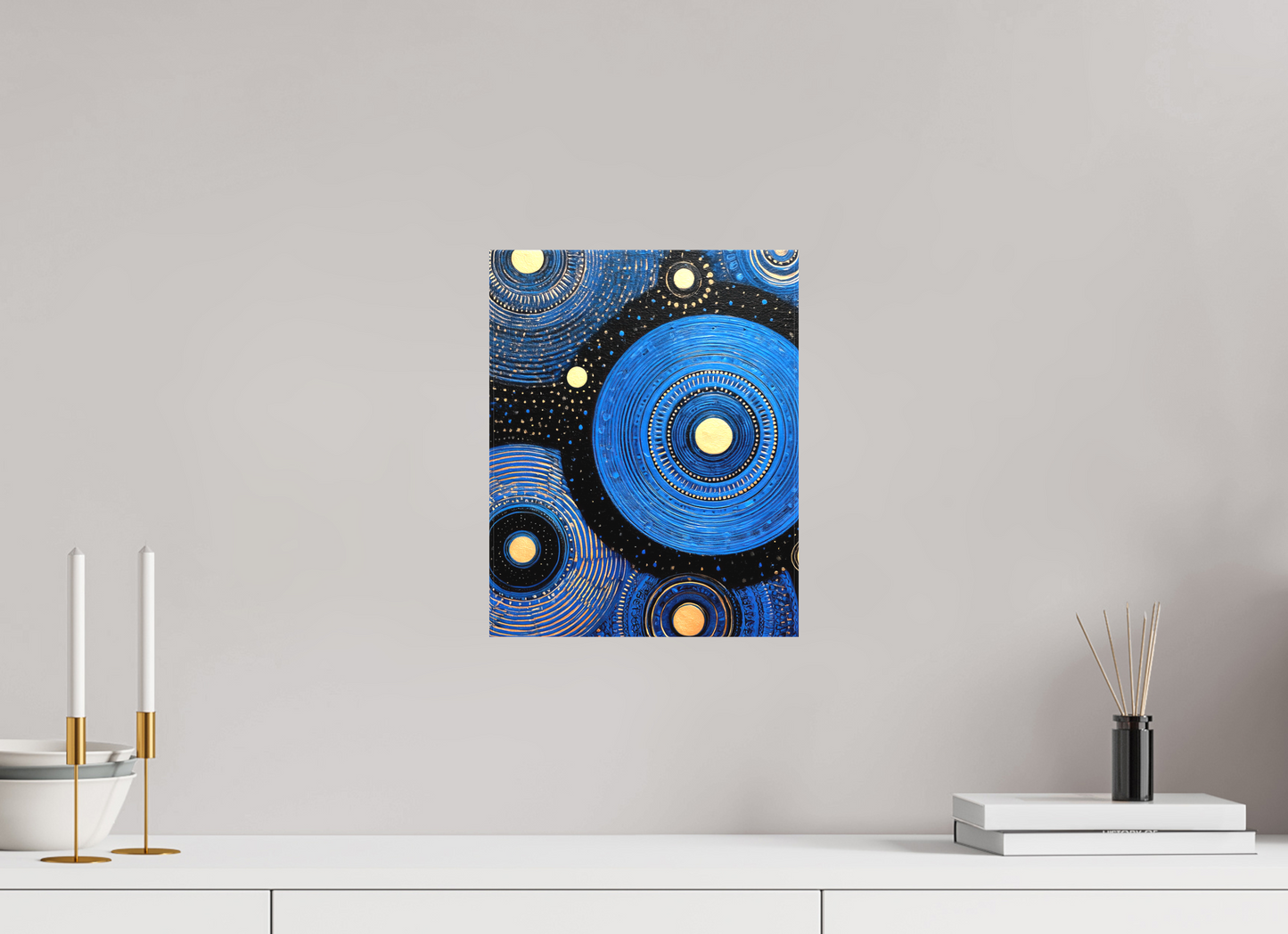10 x 12.6″, Textile on Canvas Blue Circles